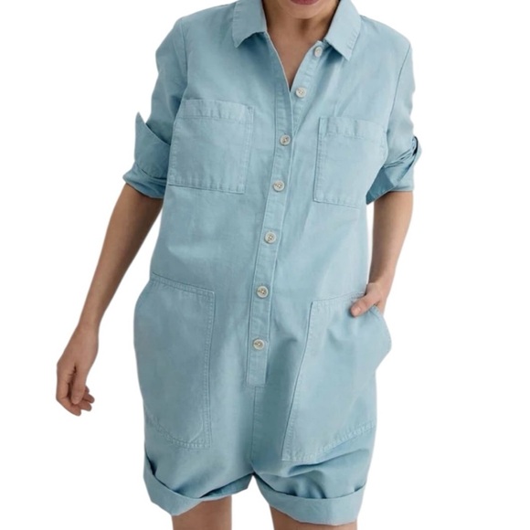Hatch Pants - Hatch The Utility Maternity Romper Sky Blue Cotton Linen Size 0